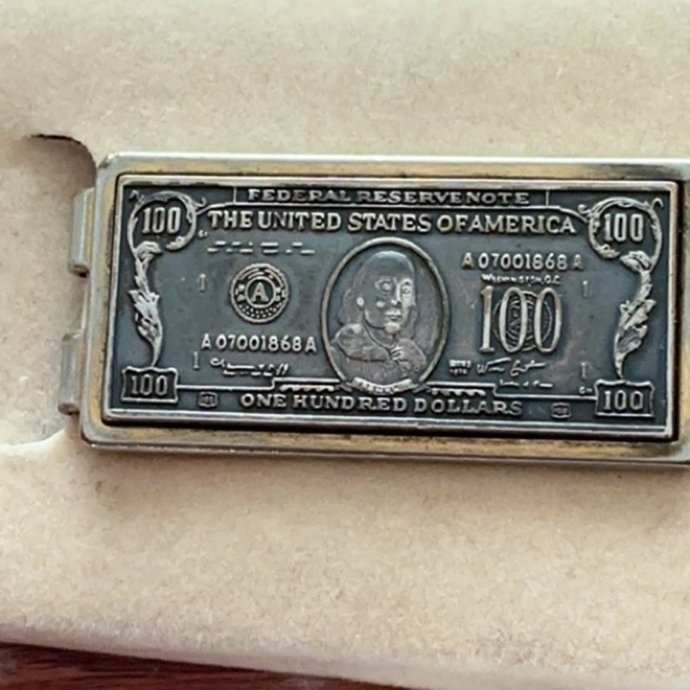 Engraved Silver Money Clip with Dollar Bill Design.
